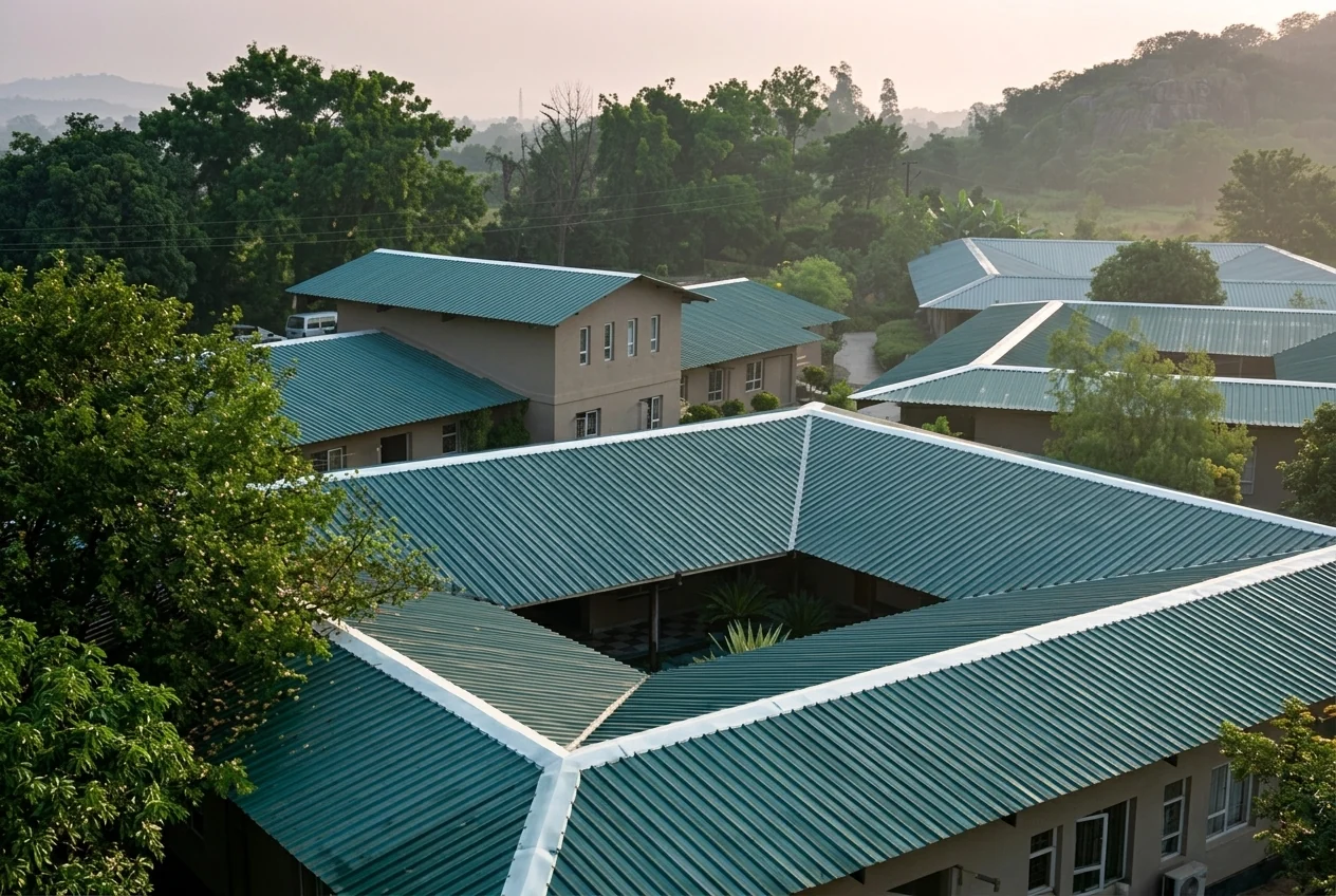 Aerial view of the Rupantaram campus with blue rooftops surrounded by trees
